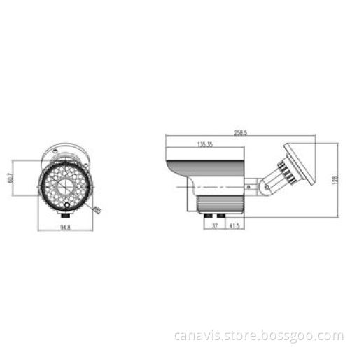 Varifocal series camera, measures 259 x 94 x 128mm
